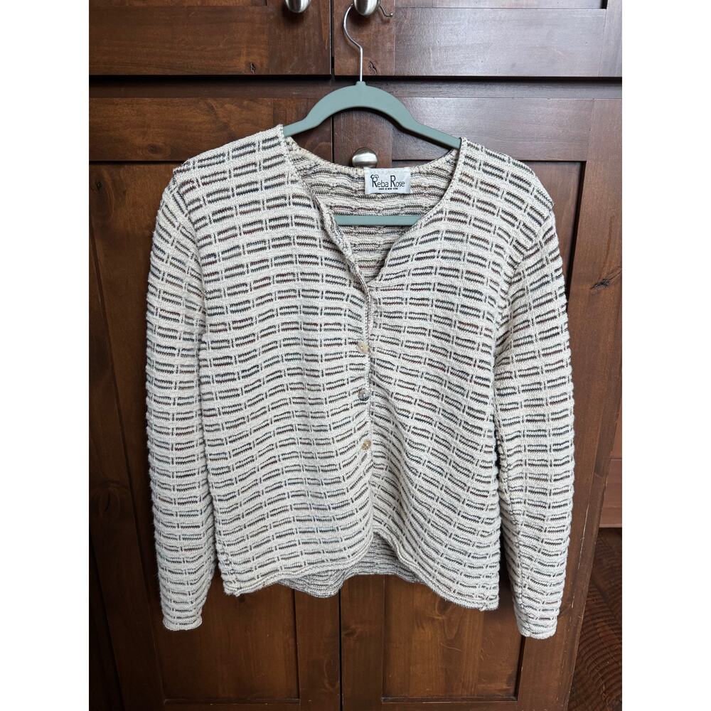 Vintage Reba Rose Made in New York USA Medium Woven Cardigan Sweater Cream Brown